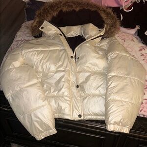 Cream Puffer Jacket with Faux Fur Hood